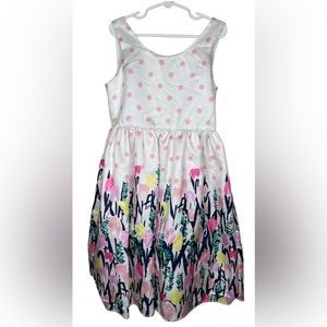 GYMBOREE: White/Pink Polka-Dot Party Dress with Colorful Tulips, Size 7